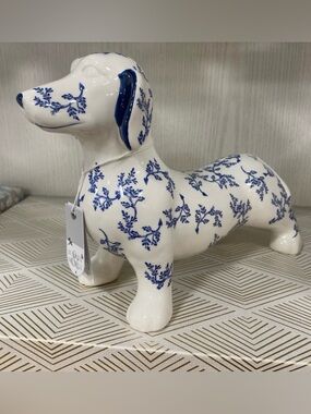 Dachshund Decorative Figurine in Blue and White Floral Ceramic by Surrey Selena
